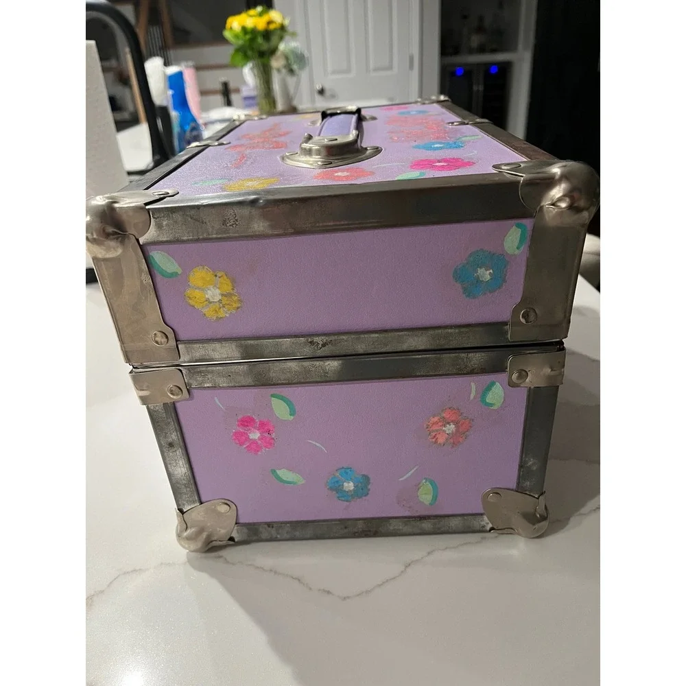 Vintage 90s purple Hand Painted Floral Storage Trunk Hilary Personalized Box